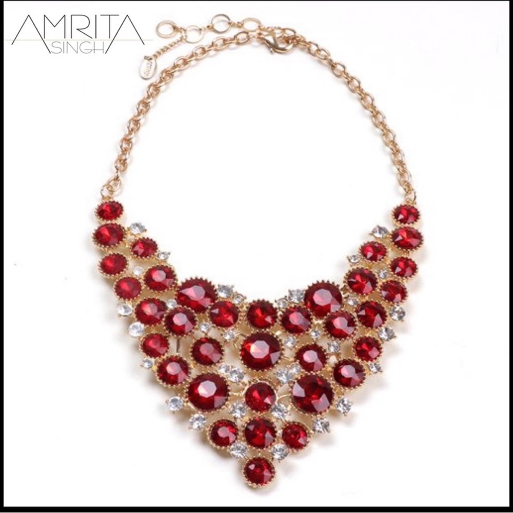Amrita SINGH Agatha Bib Necklace Gold & Ruby Austrian Crystals